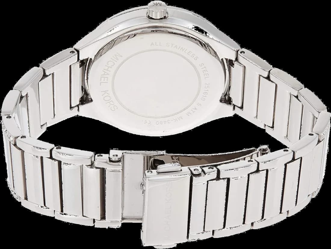 Visage cadran Michael Kors MK3480 détaillant index appliqués dorés aiguilles dauphine et guichet date à 3h mouvement quartz
