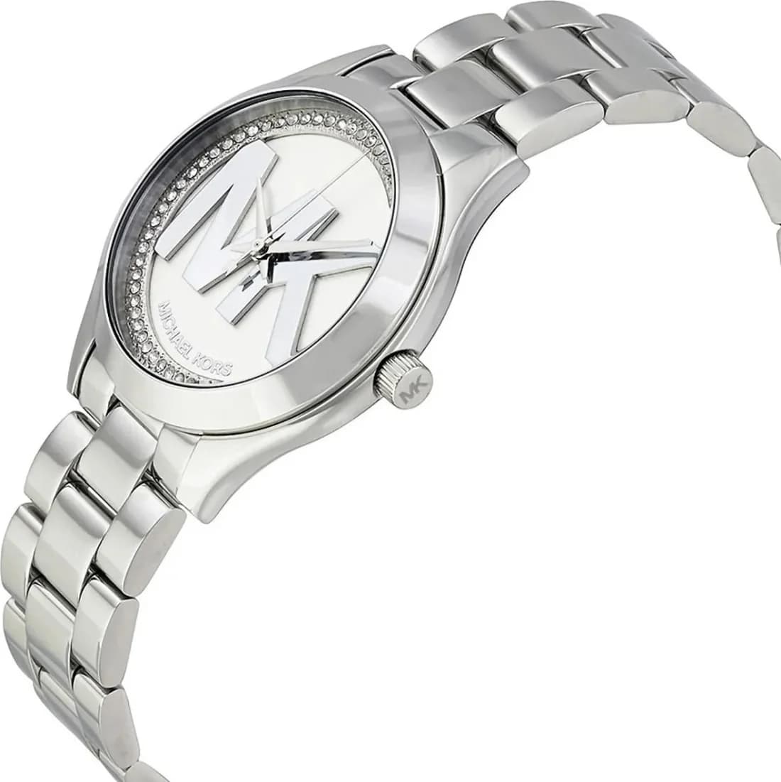 Visage cadran Michael Kors MK3548 révèle index bâtons appliqués et aiguilles dauphine dorées sur fond argenté, date à 3h