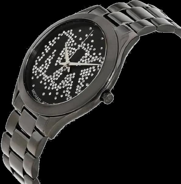 Visage cadran Michael Kors MK3589 dévoile index appliqués et aiguilles luminescentes, guichet date à 3h sur fond noir mat