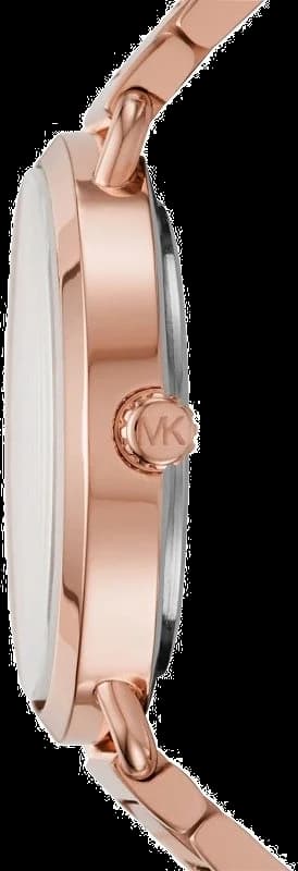 Visage cadran Michael Kors MK3640 avec index bâtons dorés, aiguilles dauphine et guichet date à 3h, lisibilité parfaite