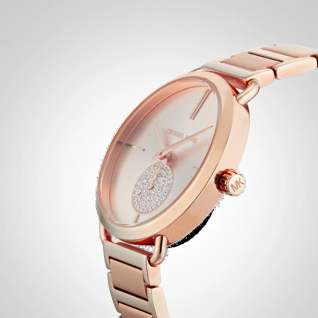 Lunette boîtier Michael Kors MK3640 ronde en acier et or rose 39 mm, verre minéral, lunette lisse et couronne crantée