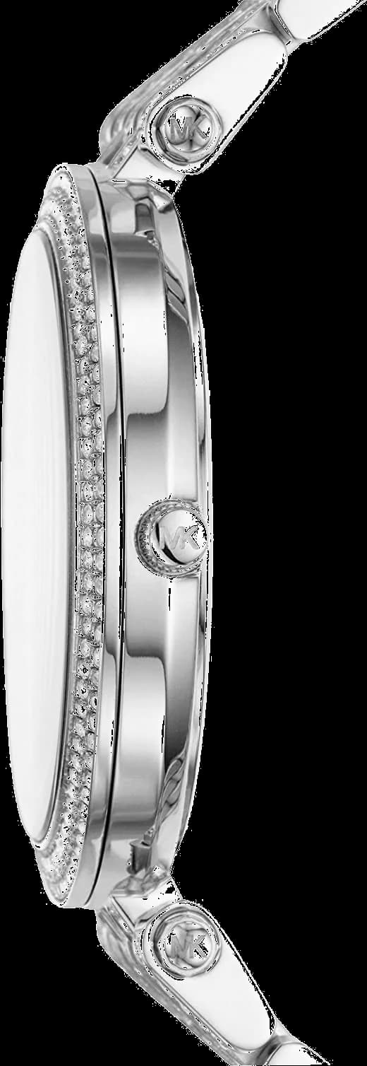 Visage cadran Michael Kors MK3779 dévoile aiguilles dorées et index appliqués sur fond argenté satiné