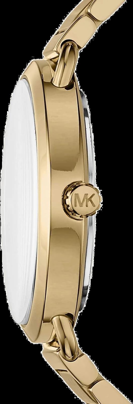 Visage cadran Michael Kors MK3788 dévoile un cadran noir profond avec index appliqués et aiguilles luminescentes, date à 3h, mouvement quartz suisse de précision