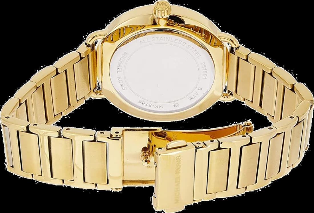 Lunette boîtier Michael Kors MK3788 en acier doré jaune 40 mm, lunette lisse polie, glace minérale bombée, couronne crantée, étanche 50 mètres