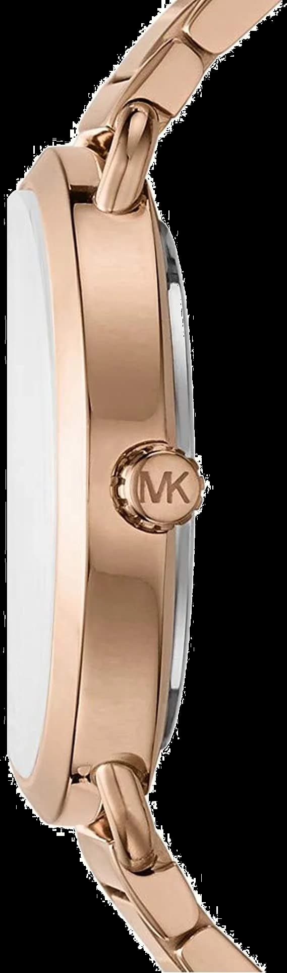Visage cadran Michael Kors MK3825 avec index appliqués en or rose, aiguilles bâton et guichet date à 3h pour une lisibilité optimale