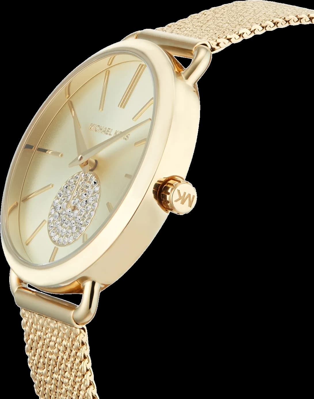Visage cadran Michael Kors MK3844 affichant index bâtons appliqués en acier, aiguilles facettées et date à 3 heures sur fond argenté