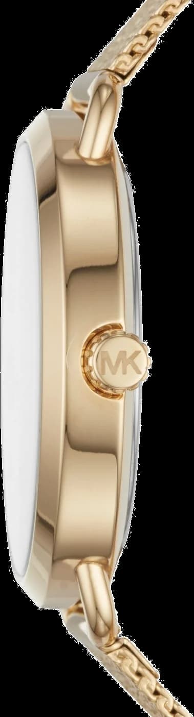 Lunette boîtier Michael Kors MK3844 en acier inoxydable brossé de forme ronde, lunette fine polie et verre minéral plat résistant aux rayures