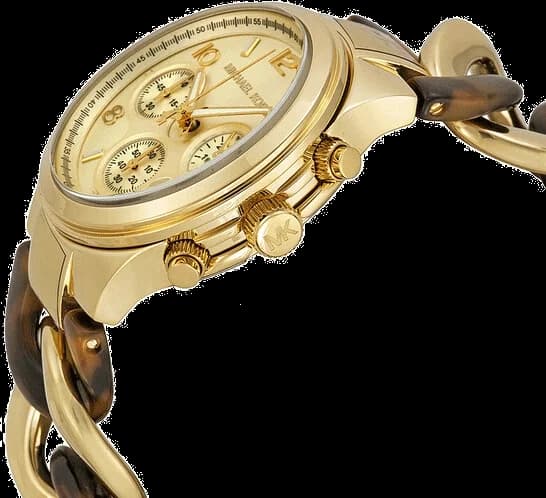 Attache bracelet Michael Kors MK4222 en acier inoxydable doré, fermoir déployant, motif twist écaille de tortue sur cuir