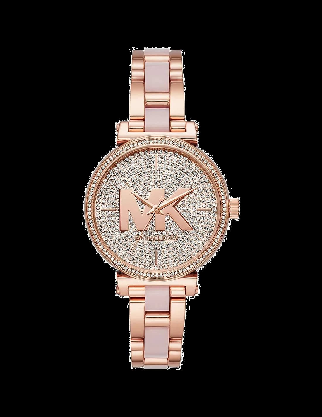 Garde-temps Michael Kors MK4336 au cadran rose soleil avec index bâtons et aiguilles dorés, mouvement quartz précis