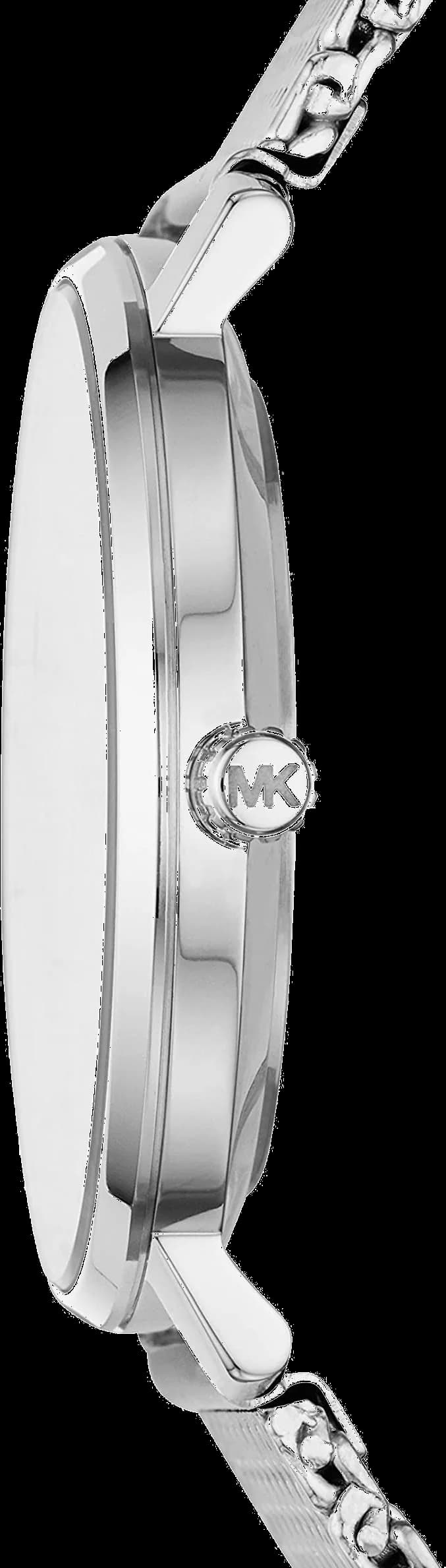 Visage cadran Michael Kors MK4338 avec index appliqués, aiguilles dorées et date à 3h, lisibilité optimale