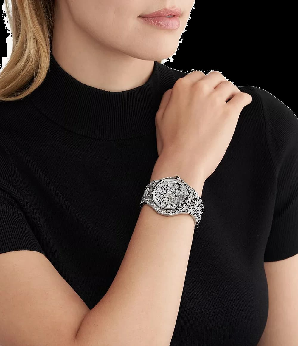 Lunette boîtier Michael Kors MK4691 en acier inoxydable argenté avec lunette lisse et couronne crantée