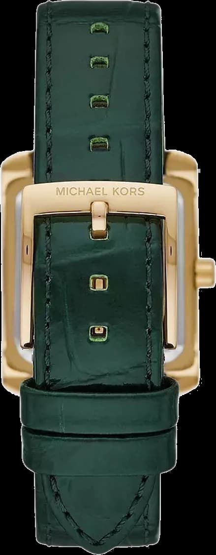 Visage cadran Michael Kors MK4697 avec index appliqués et aiguilles dorées sur fond vert texturé