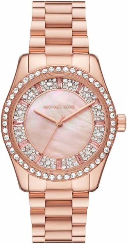 Visage cadran Michael Kors MK4724 avec index bâtons et aiguilles dorés, affichage date à 3h et couronne cannelée