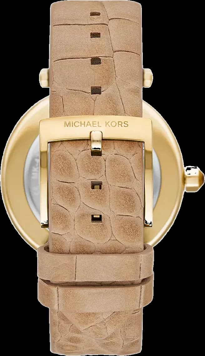 Visage cadran Michael Kors MK4725 dévoile index appliques dorés, aiguilles bâtons et guichet date à 3h