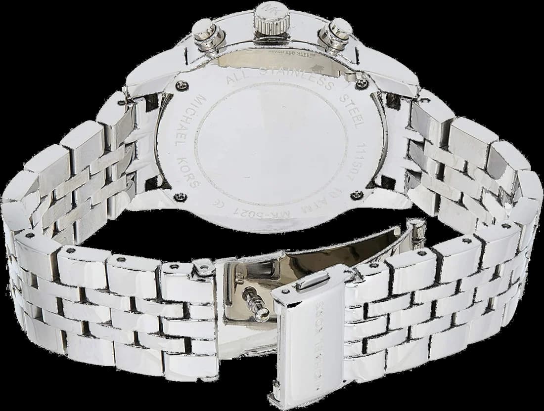 Attache bracelet Michael Kors MK5021 en acier inoxydable bicolore, maillons polis et satinés, fermoir déployant double sécurité gravé MK