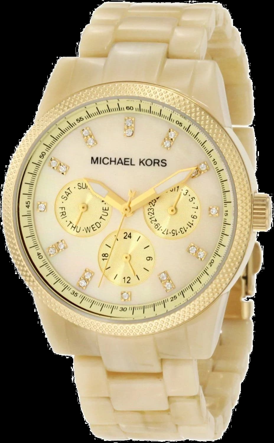 Garde-temps Michael Kors MK5039 au cadran noir soleil avec index dorés et aiguilles bâtons