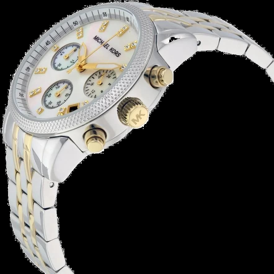 Montre Michael Kors Ritz MK5057 pour Femme - Cadran nacre argenté, bracelet acier bi-ton or et argent, chronomètre vue 2