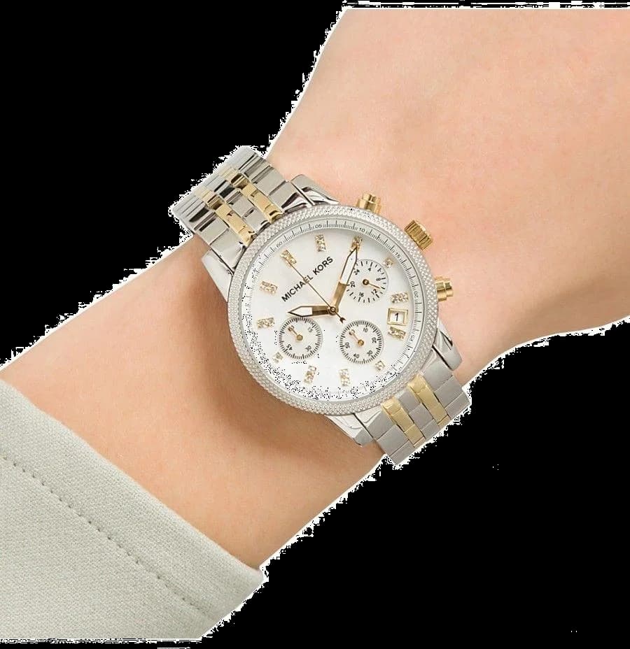 Montre Michael Kors Ritz MK5057 pour Femme - Cadran nacre argenté, bracelet acier bi-ton or et argent, chronomètre vue 5