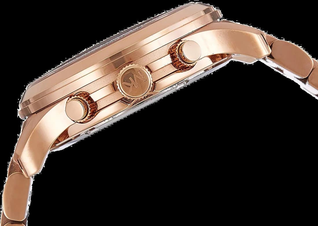 Visage cadran Michael Kors MK5128 avec aiguilles dorées et guichet date à 3h, lisibilité élégante