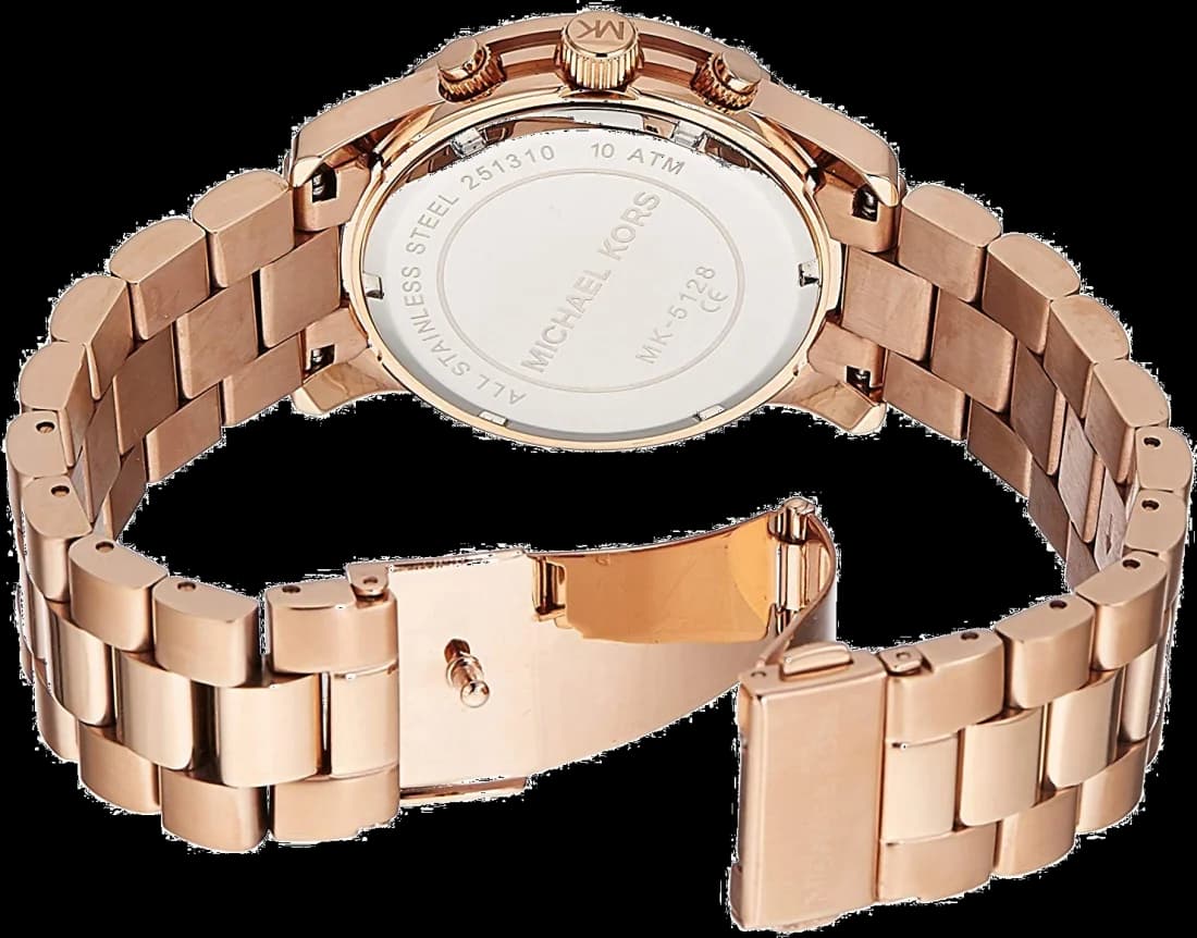 Attache bracelet Michael Kors MK5128 en acier inoxydable or rose maillé, fermoir déployant ajustable