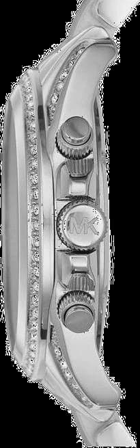 Visage cadran Michael Kors MK5165 présente des index appliqués en cristaux scintillants, aiguilles bâtons dorées et guichet date à 3h