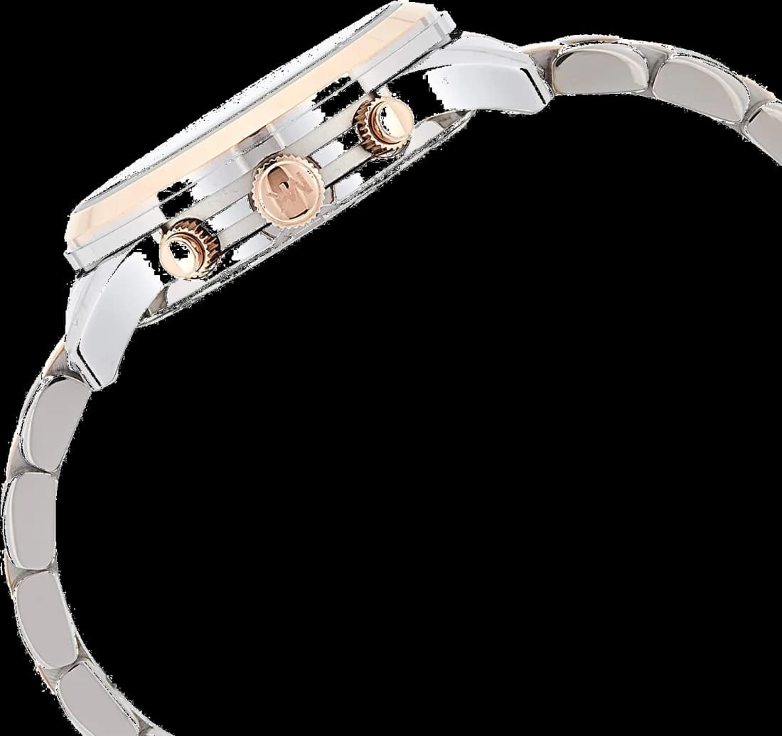 Visage cadran Michael Kors MK5315 détaillé avec guichet date à 3h et compteurs chronographe sur fond argenté lumineux