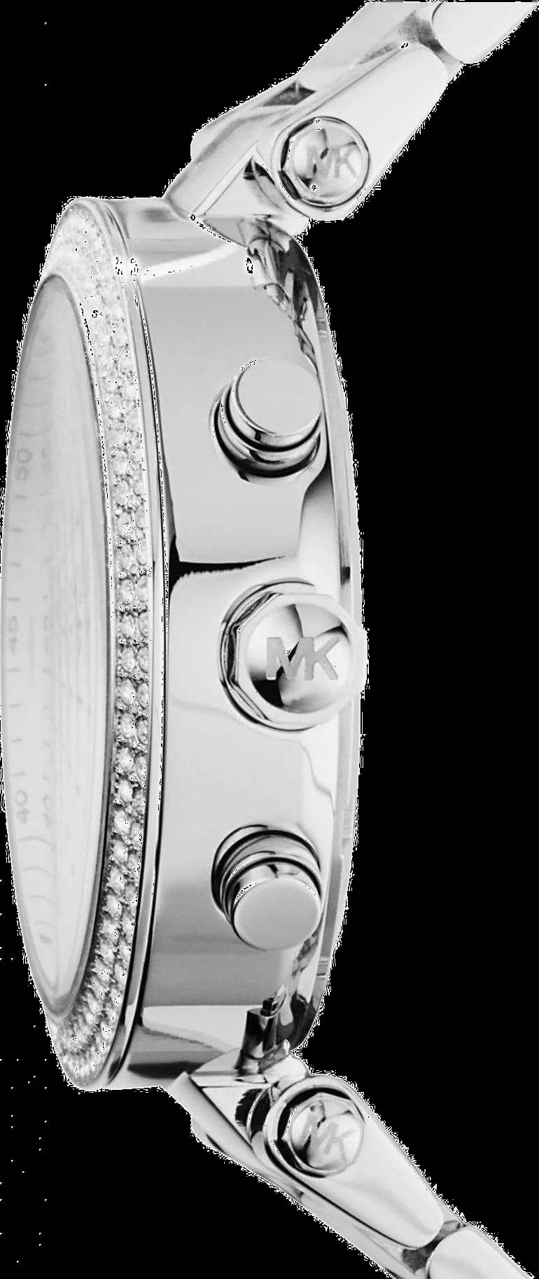 Visage cadran Michael Kors MK5353 aux index baguette sertis de cristaux Swarovski, aiguilles dauphine polies et guichet date à 3h