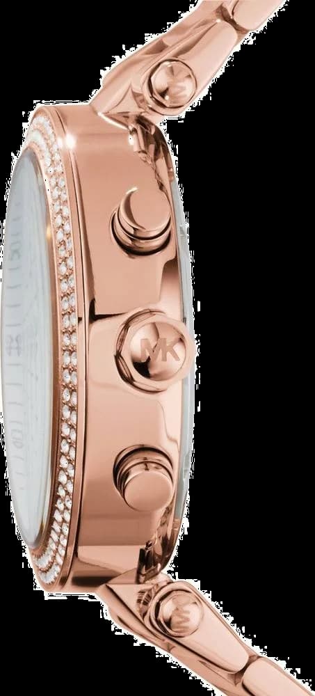 Visage cadran Michael Kors MK5491 avec index en cristaux scintillants et aiguilles en or rose, mouvement quartz à précision suisse