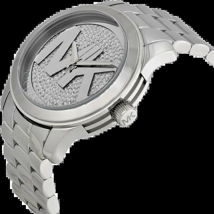 Visage cadran Michael Kors MK5544 dévoile un guichet date à 3h, aiguilles dorées luminescentes et index en acier poli sur fond argenté