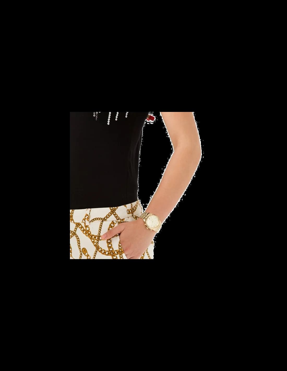 Lunette boîtier Michael Kors MK5556 présentant une lunette cannelée polie et un verre minéral, vue profilée sur couronne et poussoirs