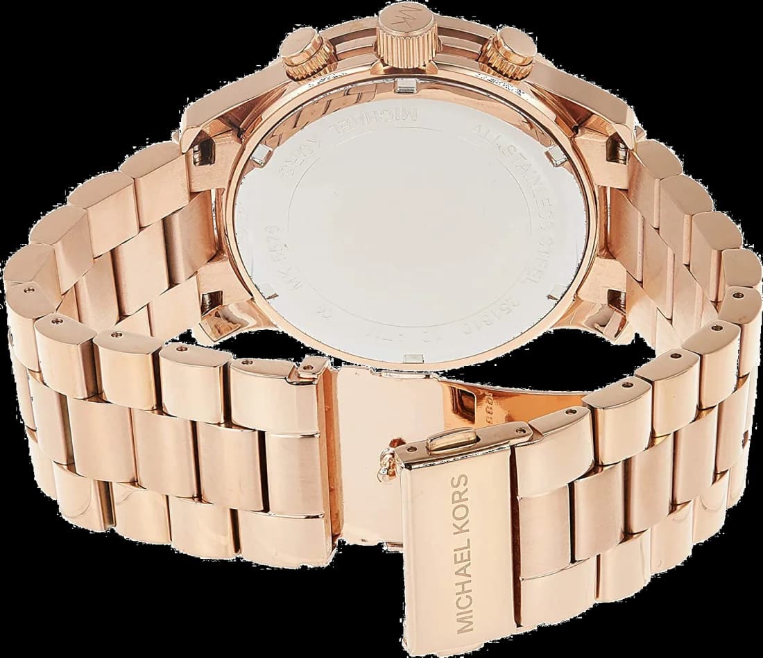 Attache bracelet Michael Kors MK5576 en acier doré rose maillé déployant, fermoir papillon sécurisé double bouton