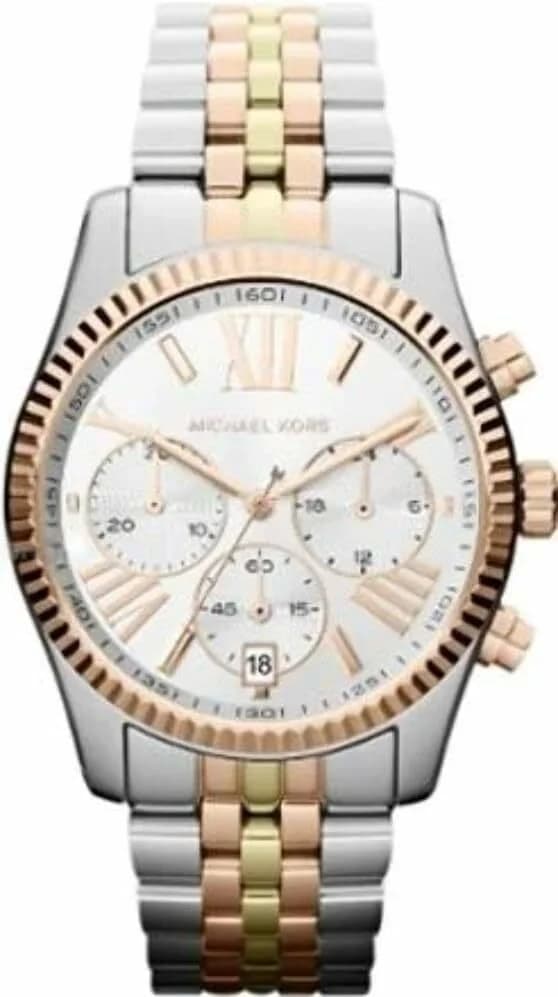 Visage cadran Michael Kors MK5614 dévoile index bâtons dorés, aiguilles dauphines, date à 3h, quartz précision