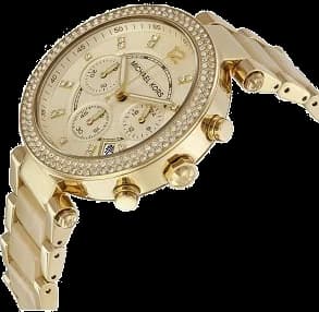 Visage cadran Michael Kors MK5632 avec index appliqués dorés, aiguilles dauphine et guichet date à 3h, lisibilité optimale