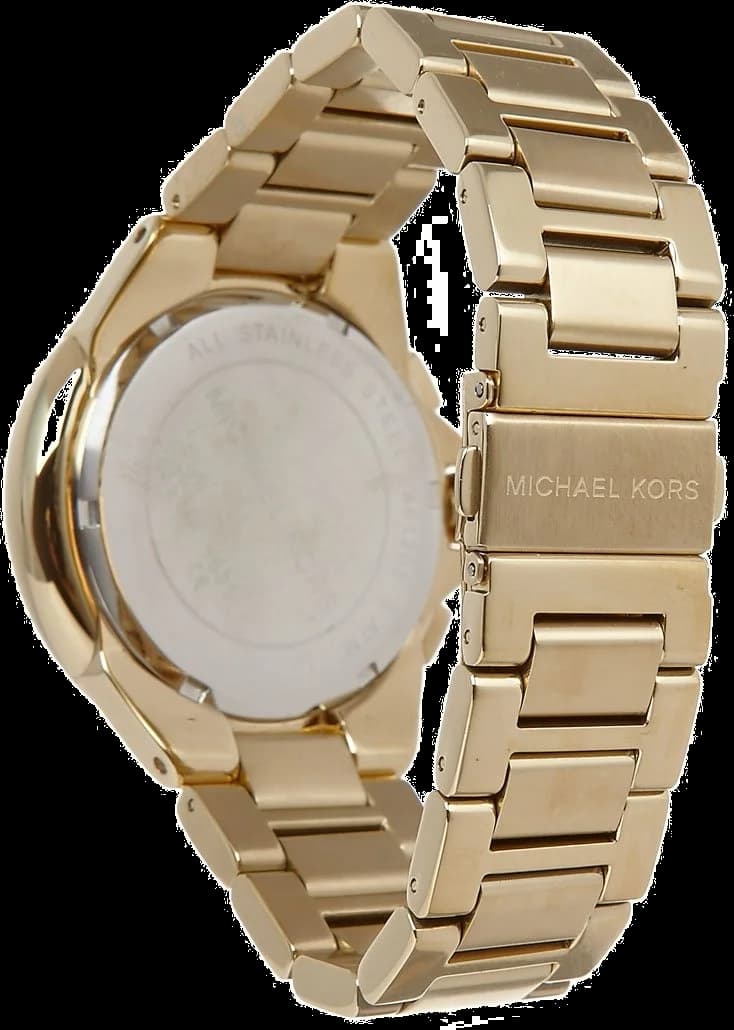 Visage cadran Michael Kors MK5635 présente index appliqués dorés, aiguilles dauphines et date à 3h pour une lecture précise