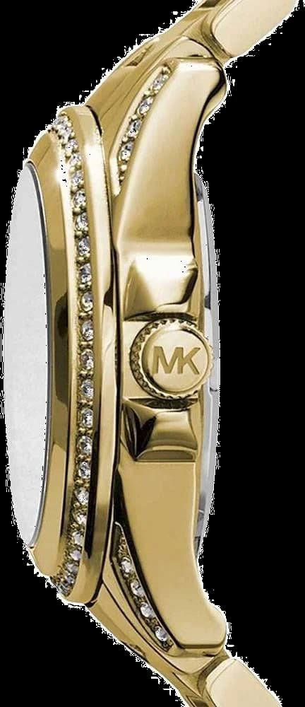 Visage cadran Michael Kors MK5639 avec index dorés appliqués, aiguilles dauphine, guichet date à 3h, finition satinée et éclat diamant