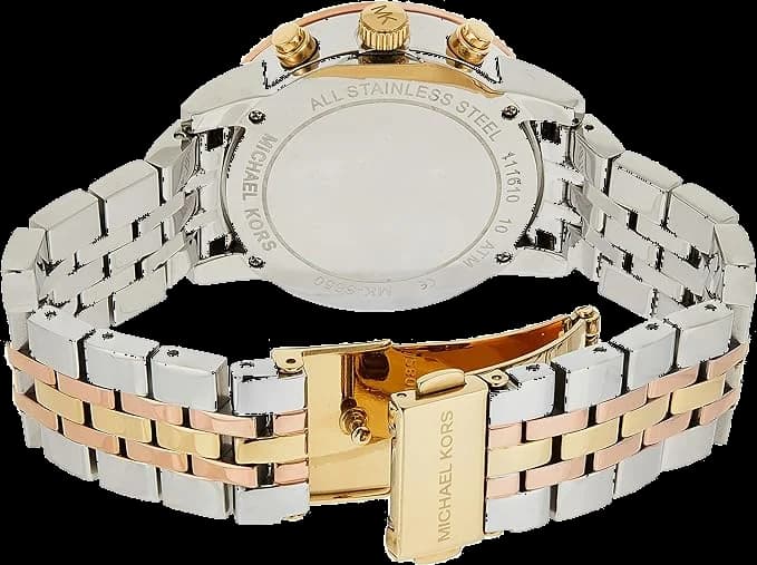 Attache bracelet Michael Kors MK5650 en acier inoxydable bicolore or rose et argent, maillons alternés polis et satinés, fermoir déployant double sécurité