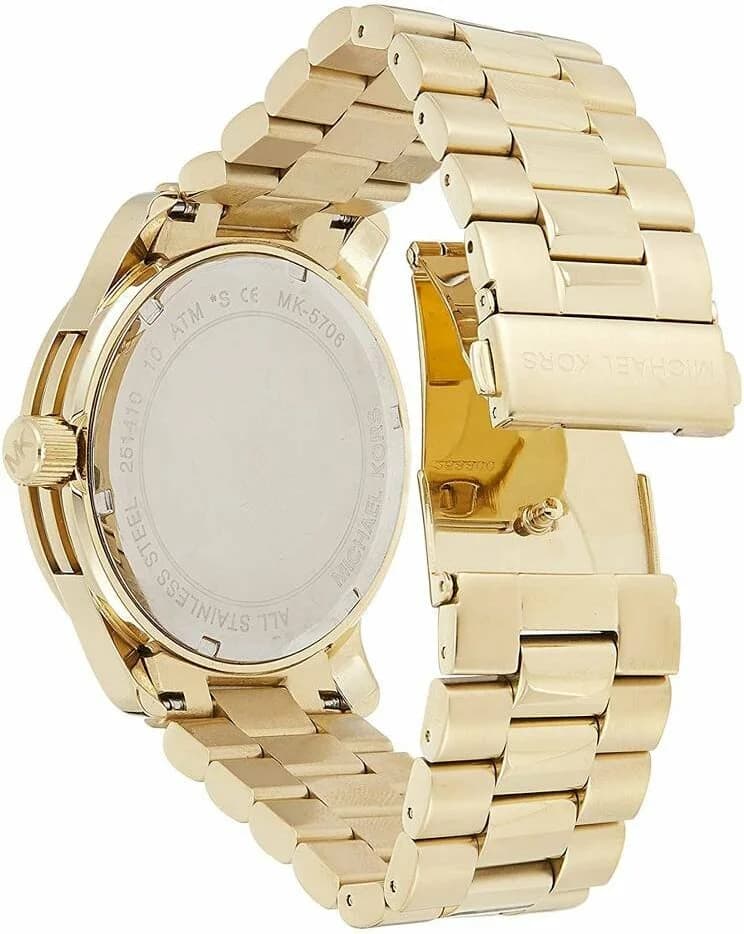 Lunette boîtier Michael Kors MK5706 tonneau en acier inoxydable bicolore poli et satiné verre saphir couronne côtelée