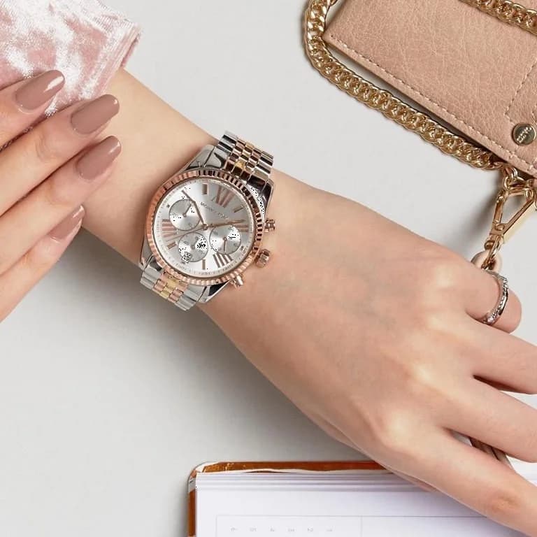 Lunette boîtier Michael Kors MK5735 ronde 44mm acier inoxydable, lunette fixe lisse polie, couronne crantée poussoirs chronographe