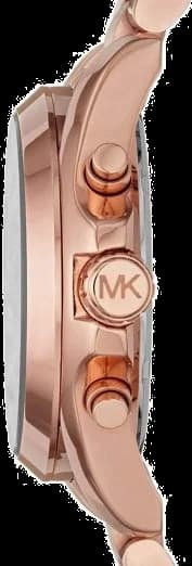 Visage cadran Michael Kors MK5854 : index appliques dorés, aiguilles dauphine, guichet date à 3h, logo MK à 12h