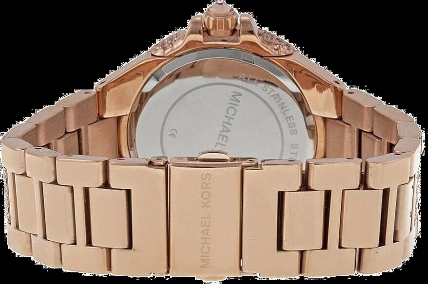 Attache bracelet Michael Kors MK5862 en acier doré rose avec maillons polis, fermoir déployante triple bouton-poussoir sécurisé