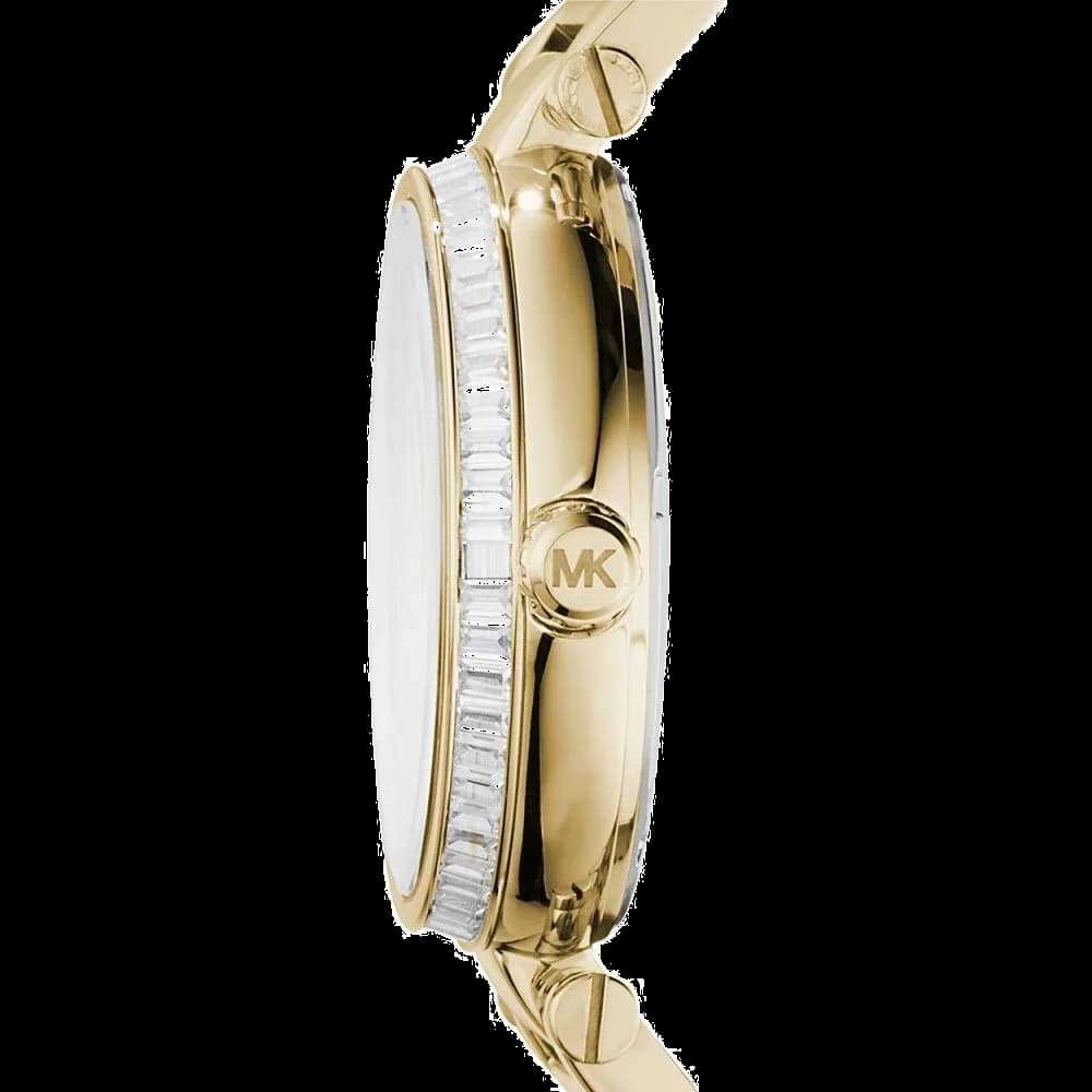 Visage cadran Michael Kors MK5867 index bâtons dorés, aiguilles dauphine, date à 3h, finition champagne