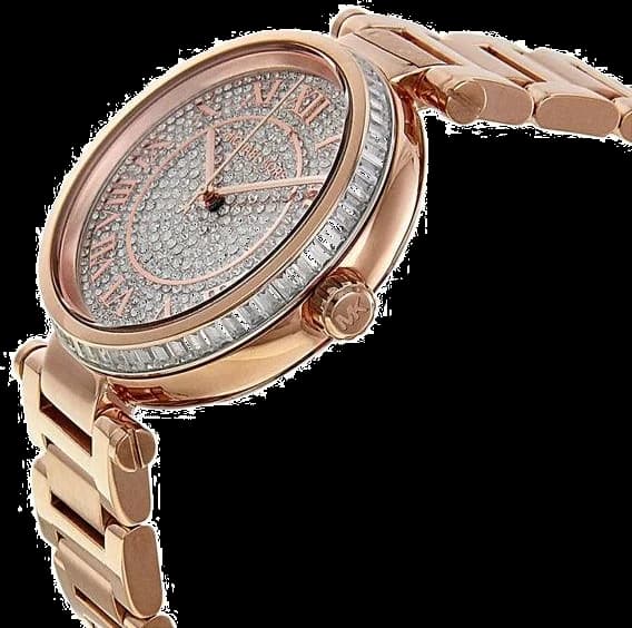Visage cadran Michael Kors MK5868 avec index à strass et aiguilles dorées, mouvement quartz précis
