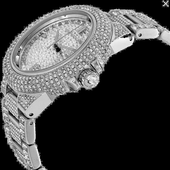 Visage cadran Michael Kors MK5869 avec guichet date à 3h, aiguilles bâton et index sertis de cristaux scintillants
