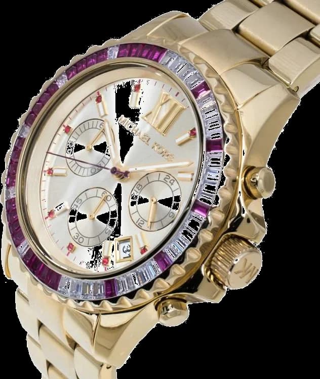 Visage cadran Michael Kors MK5871 avec index appliqués, aiguilles dorées et date à 3h, mouvement quartz précis