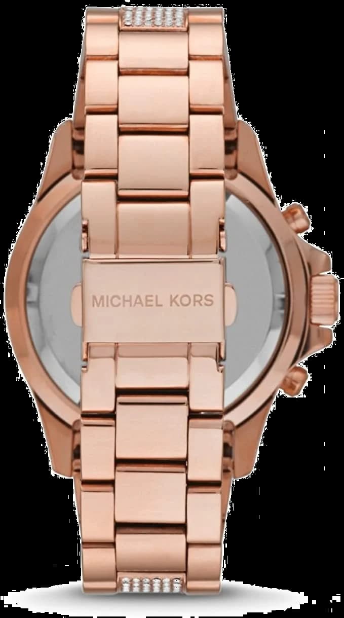 Visage cadran Michael Kors MK5875 expose des index appliques or rose, aiguilles dauphine et guichet date à 3h sur fond soleil champagne