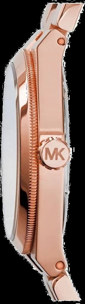 Visage cadran Michael Kors MK5937 détail des index romains appliqués et aiguilles bâton en acier PVD or rose