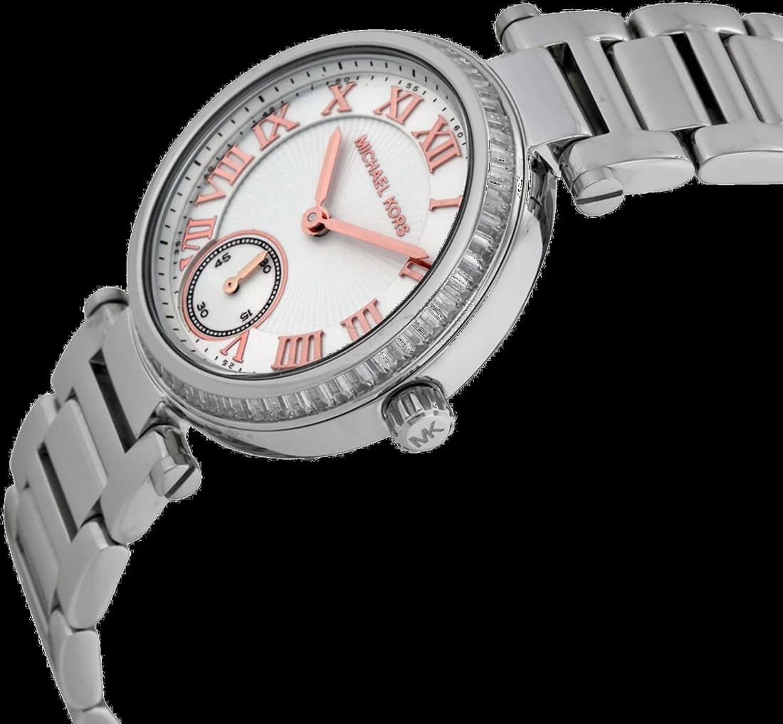 Visage cadran Michael Kors MK5970 aux index romains noirs, aiguilles Dauphine en acier brossé