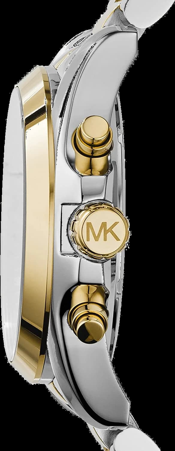 Visage cadran Michael Kors MK5976 dévoilant des index appliqués dorés, aiguilles trèfle et guichet date à 3h