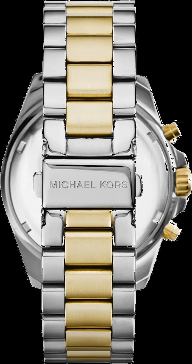 Lunette boîtier Michael Kors MK5976 en acier bi-ton, lunette fixe polie, verre minéral, couronne crantée et poussoirs chronographe