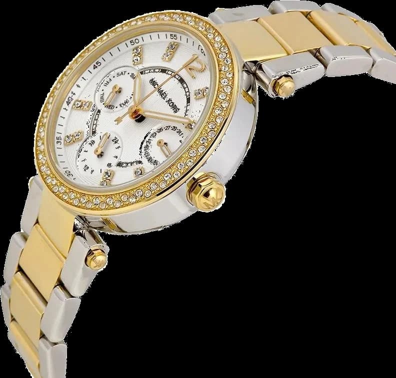 Visage cadran Michael Kors MK6055 détail des compteurs chronographe à 3, 6 et 9 heures, date à 4h30 et finition soleillée